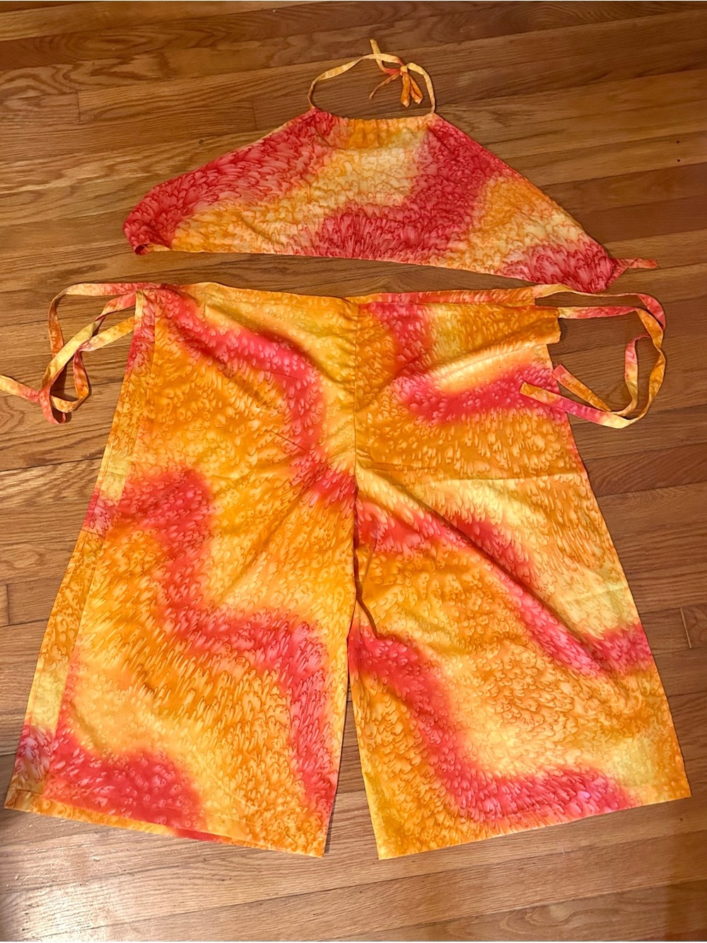 Rima Beach World Cover Up Wrap Pants + Halter Top Batik Tie Dye Red Orange Boho